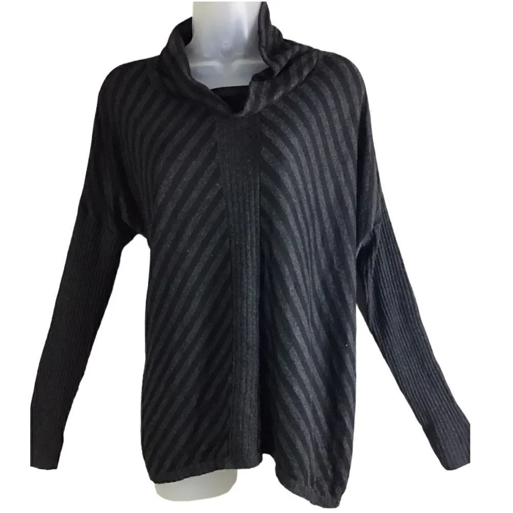 Eileen Fisher Cowl Scrunch Neck Striped Relaxed Fit Knit Sweater Black/ Gray